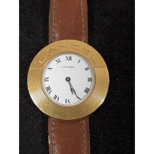 Vintage Lancel Paris Gold Tone Round Case Brown Leather Band Watch‎